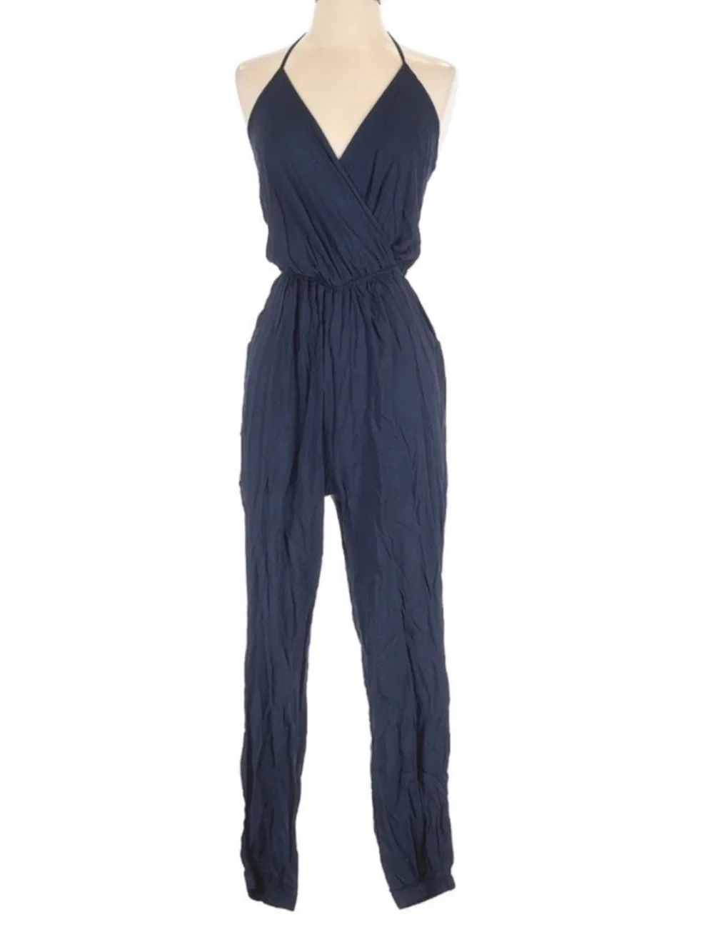 Lulus Learning To Fly Navy Halter Jumpsuit L Surplice Wrap Jogger Lightweight